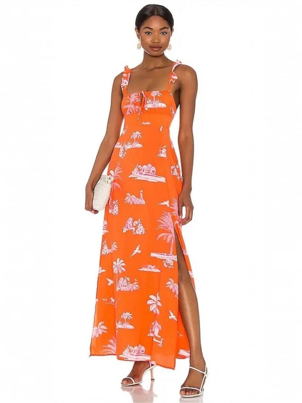 Agua Bendita Revolve Menina Orange Tropical Print Lace Up Back Maxi Dress Medium